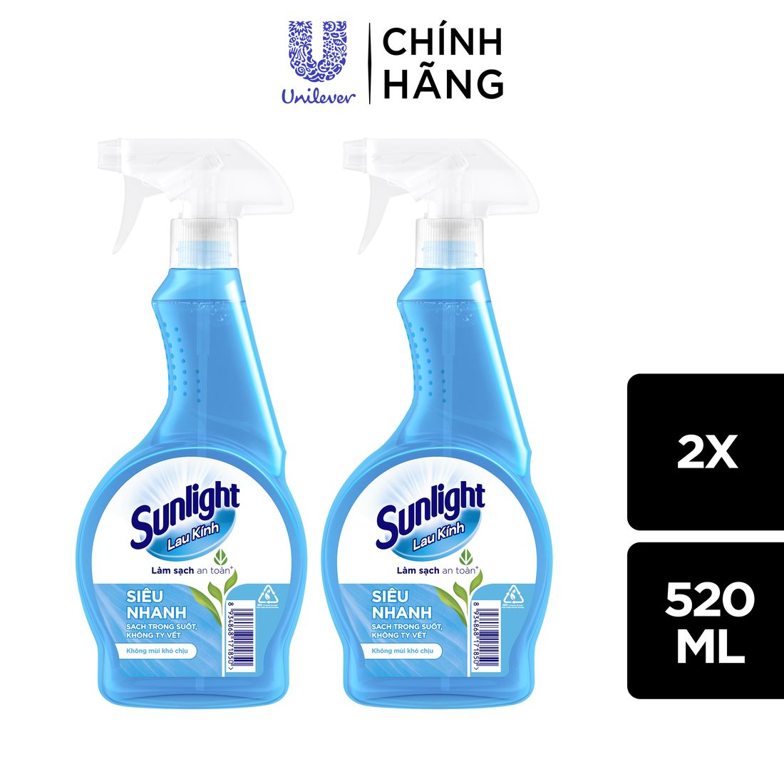 Combo 2 Nước lau kính Sunlight Siêu nhanh | Phiên bản nâng cấp từ Cif | Sạch trong suốt, không tỳ vết | Chai 520ml