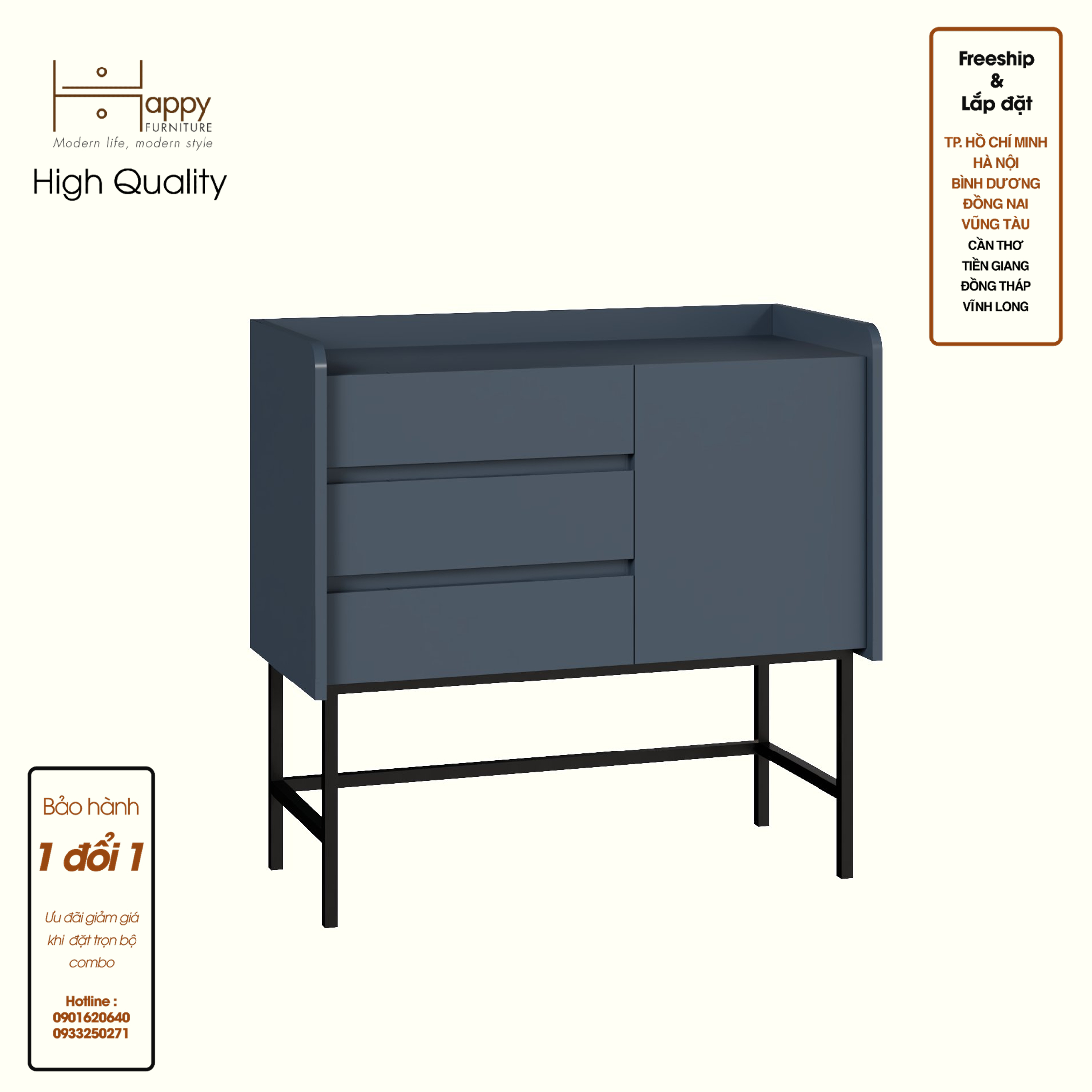 LAVIA, Tủ lưu trữ 3 ngăn kéo - 1 cửa mở - chân sắt, 90cm x 40cm x 86cm , THK_157