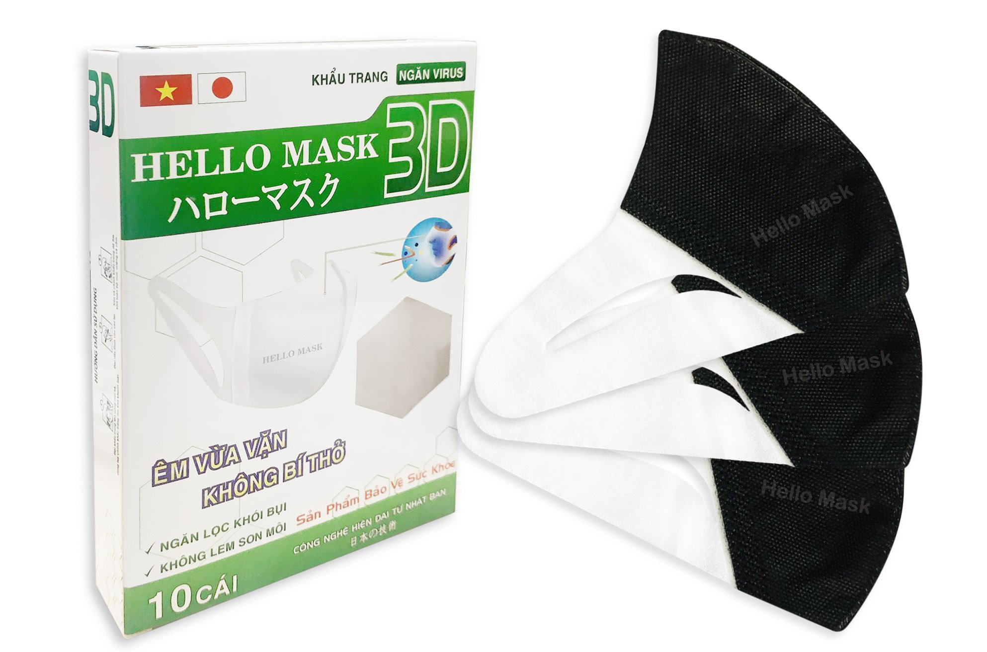 [CÔNG NGHỆ SẢN XUẤT NHẬT BẢN] Khẩu Trang Cao Cấp Hello Mask 3D - Japan Hộp 10 Cái Tiện Lợi Kháng Khẩu, Chống Bụi Mịn Dây Truyền Công Nghệ Nhật