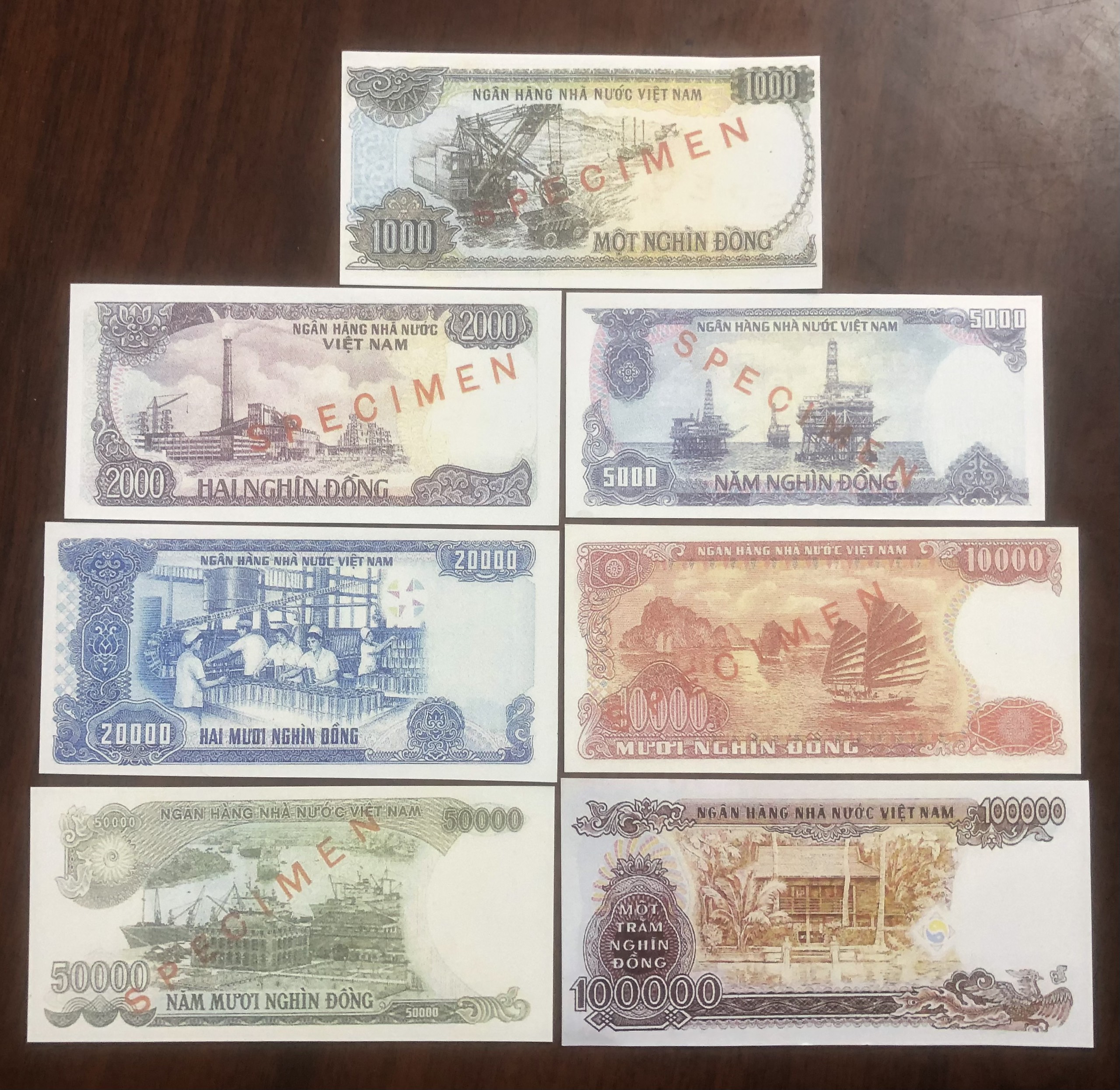 Bộ 7 tờ tiền cottong giấy mẫu SPECIMEN 1987 - 1994, copy lưu niệm