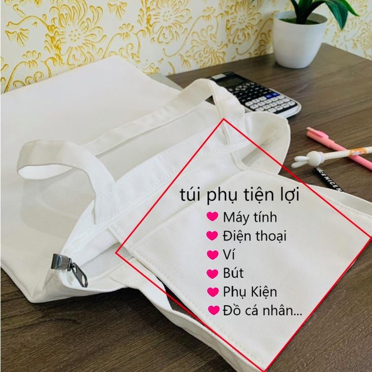 TÚI VÁI CANVAS ĐỰNG ĐỒ ĐA NĂNG CÓ KHOÁ KÉO MIÊNG VÀ TÚI PHỤ IN HÌNH CÔ GÁI CUTE