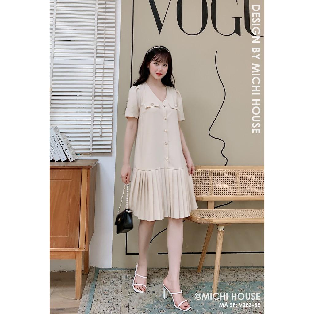 Váy Suông Công Sở Dáng Rộng V283 Đầm Xuông Thiết Kế Cổ V Chân Váy Xếp Ly Mặc Bầu Xinh