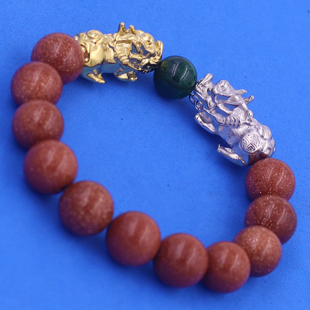 Vòng chuỗi đeo tay đá kim sa 12 ly charm tỳ hưu đôi inox trắng và vàng, vòng chuỗi phong thủy, charm tỳ hưu, vòng tay hạt chuỗi