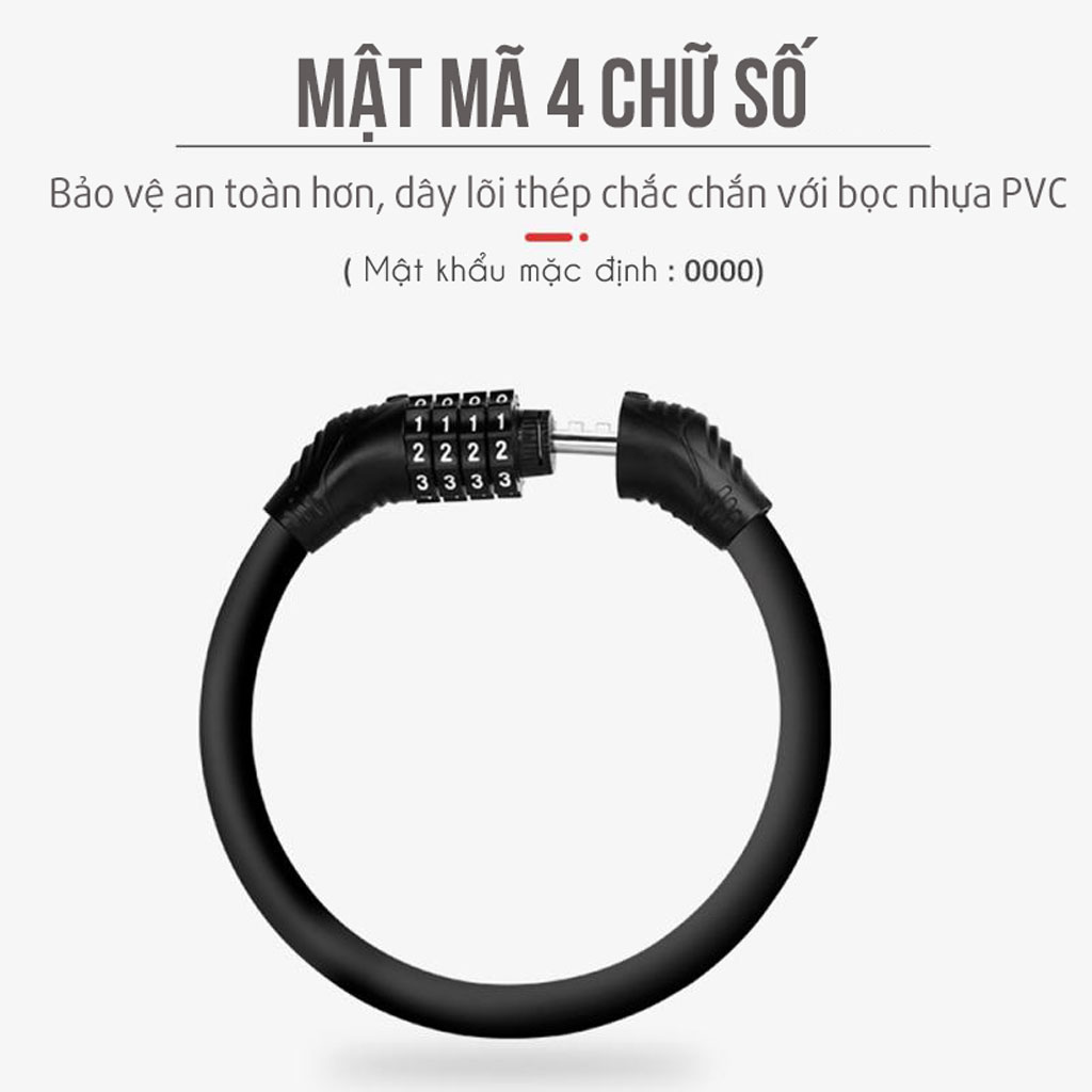 Khóa Số Xe Đạp 4 Số Mật Mã Vỏ PVC Bọc Lõi Thép (dạng tròn cứng) (mật khẩu mặc định 0000) Mai Lee