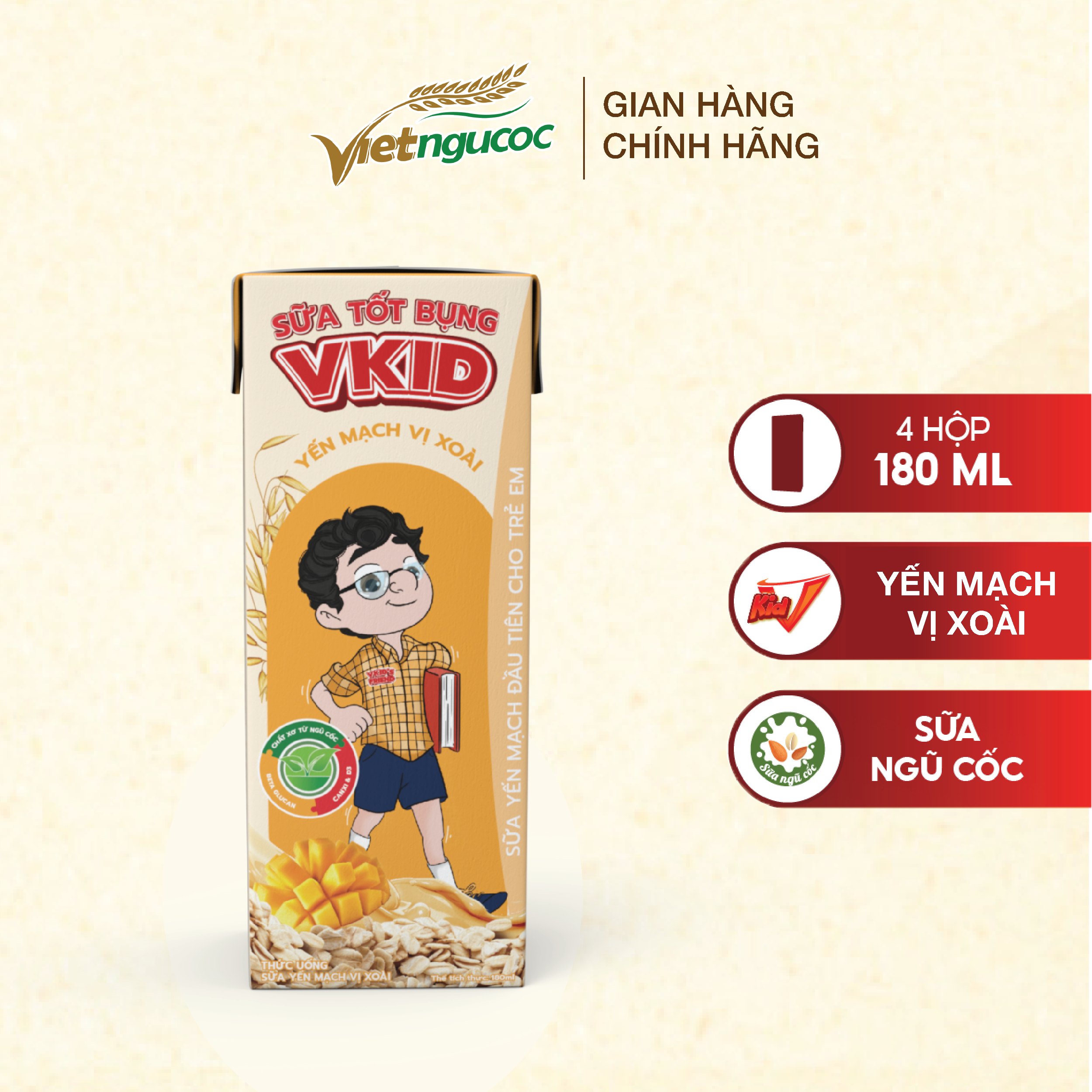 (Tặng 6 bình V-Kid) Thùng 48 hộp Sữa Yến Mạch V-Kid VIỆT NGŨ CỐC Vị Xoài 180ml/Hộp