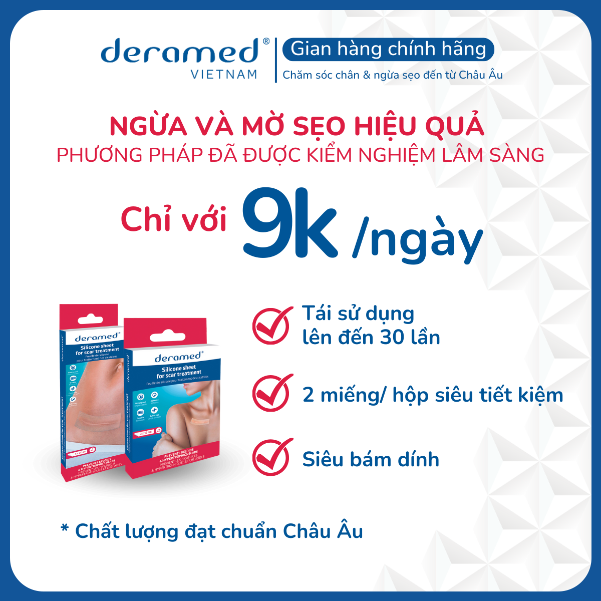 MIẾNG SILICONE NGỪA VÀ LÀM MỜ SẸO LỒI, SẸO PHÌ ĐẠI  DERAMED - CÔNG NGHỆ MỜ SẸO MỚI, HIỆU QUẢ VÀ AN TOÀN - 2 MIẾNG 3x12CM -  SẢN XUẤT TẠI TÂY BAN NHA