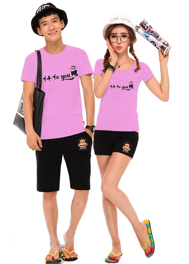 Bộ Áo Thun Đôi Nam Nữ 1 + 1 Màu Hồng Phấn