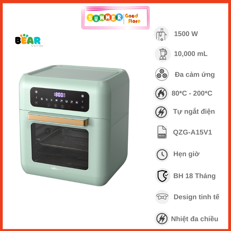 [Nhập CECAMP110KD5 giảm 110K] Nồi Chiên Không Dầu BEAR QZG-A15V1 Cách Nhiệt, Giảm Độ Ồn, 8 Chương Trình Chiên Tự Động, Dung Tích 10 Lít Công Suất 1500 W - Hàng Chính Hãng