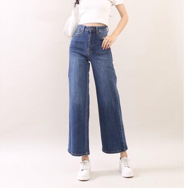 Quần Jean Nữ Ống Rộng cạp cao co giãn cơ bản Trơn Gấu Thường CT JEANS