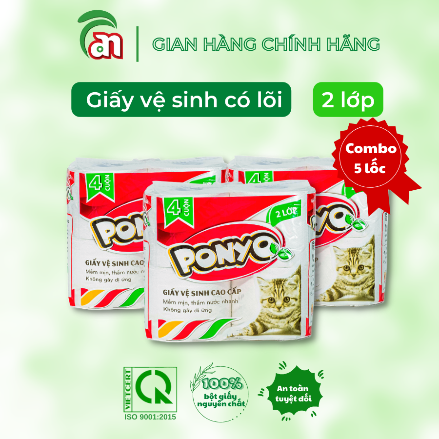 Combo 5 lốc Giấy vệ sinh cuộn nhỏ có lõi cao cấp, mềm mịn, dễ tan trong nước PONYO 2 lớp 4 cuộn/lốc - Thiên An Nam paper