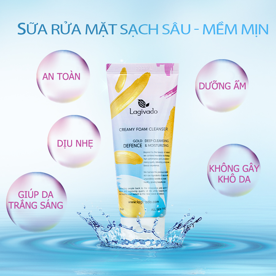 Sữa rửa mặt tạo bọt trắng da Hàn Quốc Lagivado chiết xuất vàng cám Gold Defence, không làm khô Creamy Foam Cleanser 50ml