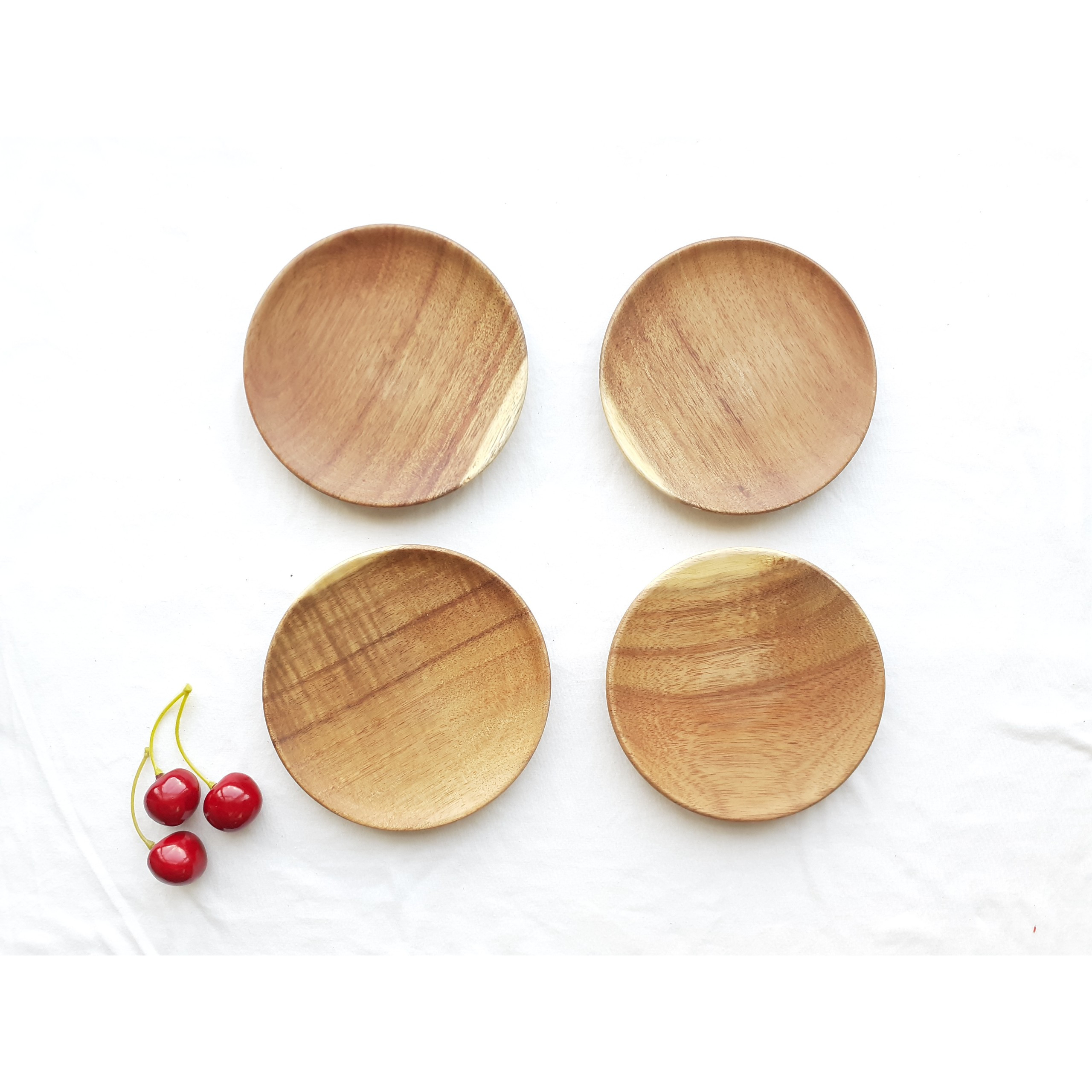 Bộ 4 đĩa gỗ KEO tròn nhỏ 12 cm lót ly, cốc, đựng hoa quả, đồ ăn ( ĐG 02 )