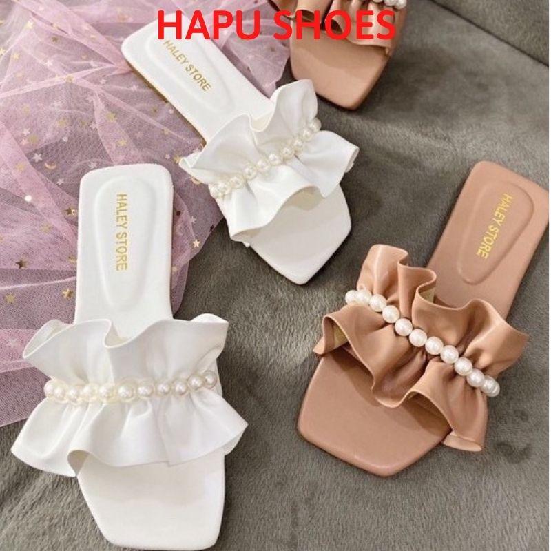 Dép lê nữ quai ngang, dép thời trang nhún nơ bèo đính ngọc HAPU Shoes