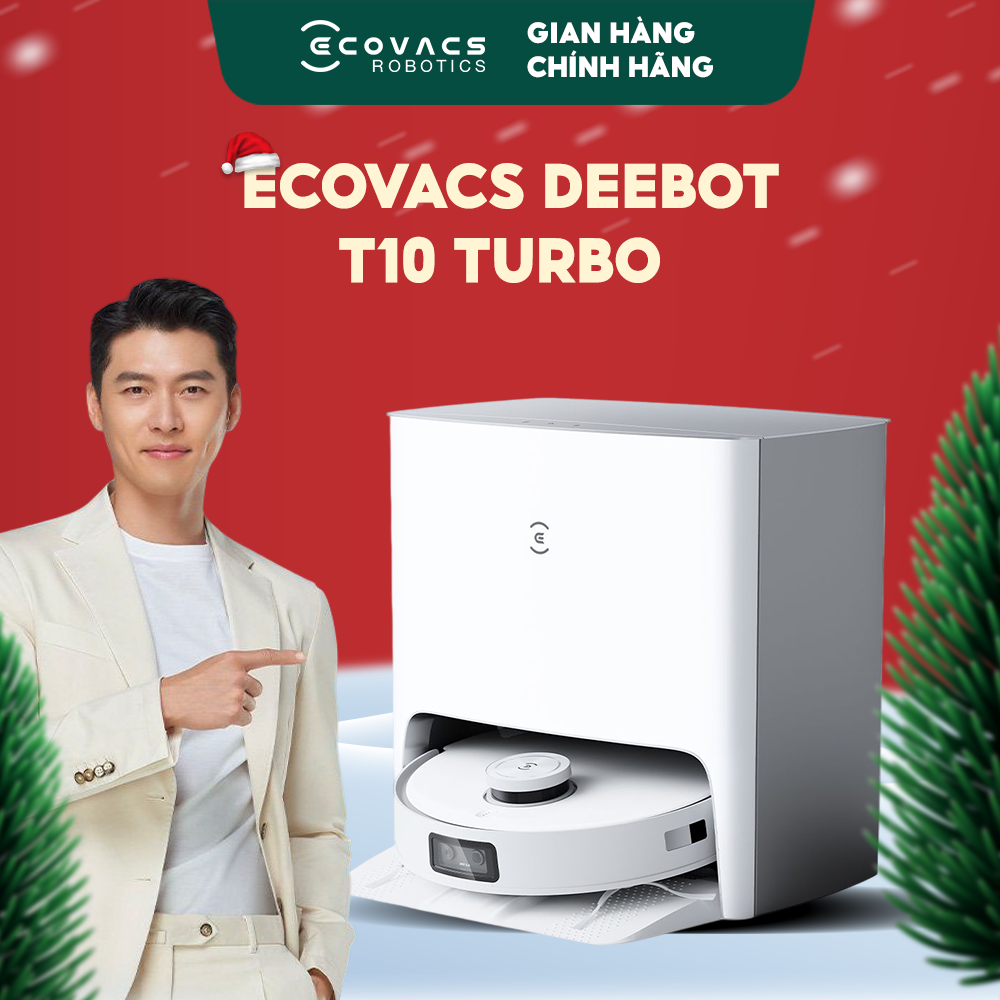 Robot hút bụi lau nhà Ecovacs Deebot T10 Turbo - Trắng Bản Quốc tế - App Tiếng Việt, hàng nhập khẩu chính hãng full VAT, bảo hành chính hãng 24 tháng bởi Vietnam Robotics, lực hút 3000Pa, thời gian hoạt động 3 giờ liên tục, Tự động giặt sấy khăn lau