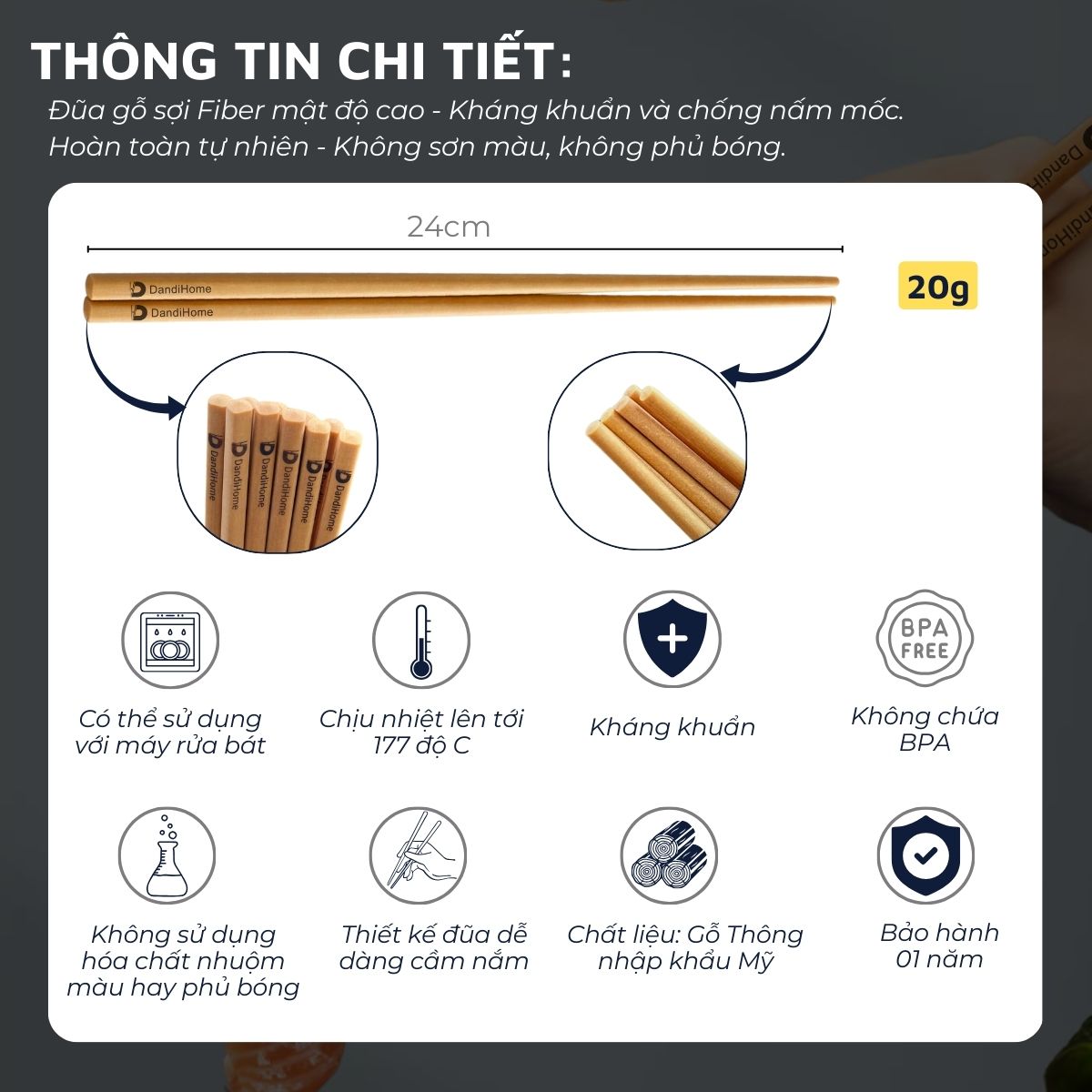 Đũa gỗ fiber mật độ cao DandiHome dùng được trong máy rửa bát - Bảo hành 3 năm