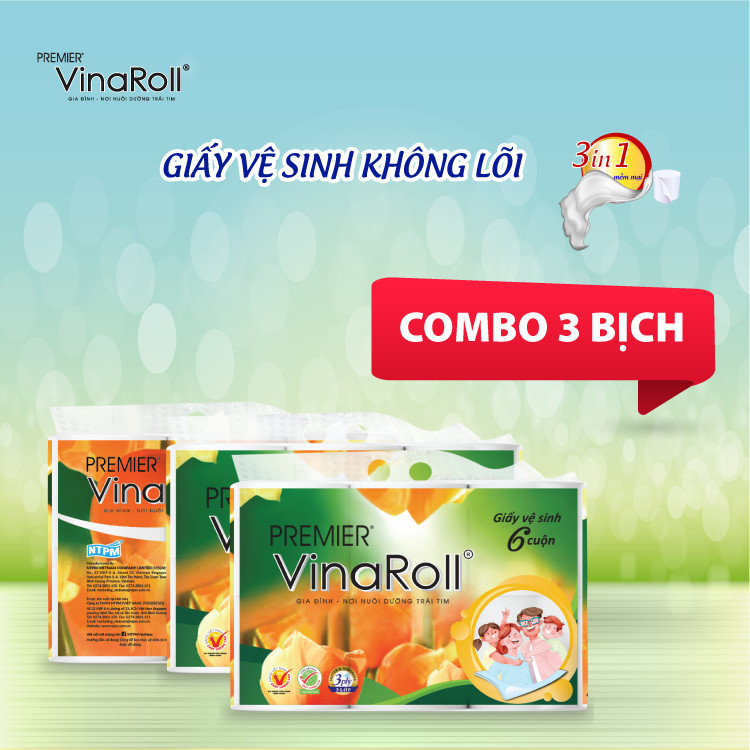 Giấy vệ sinh PREMIER VinaRoll không lõi - Combo 3 lốc