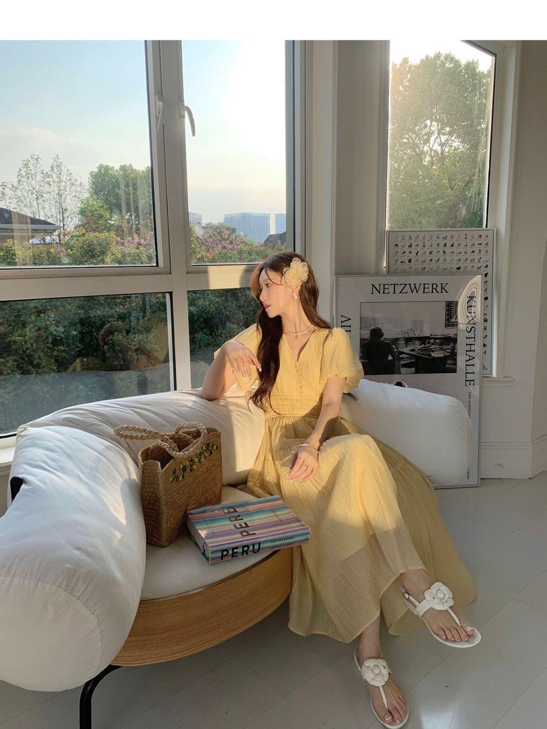 TOBE1SHOP DbyDoi Pháp Vintage dịu dàng gió hiển thị gầy v-cổ tiên nghỉ mát gió váy đầm đầm dài cho trẻ em mùa hè
