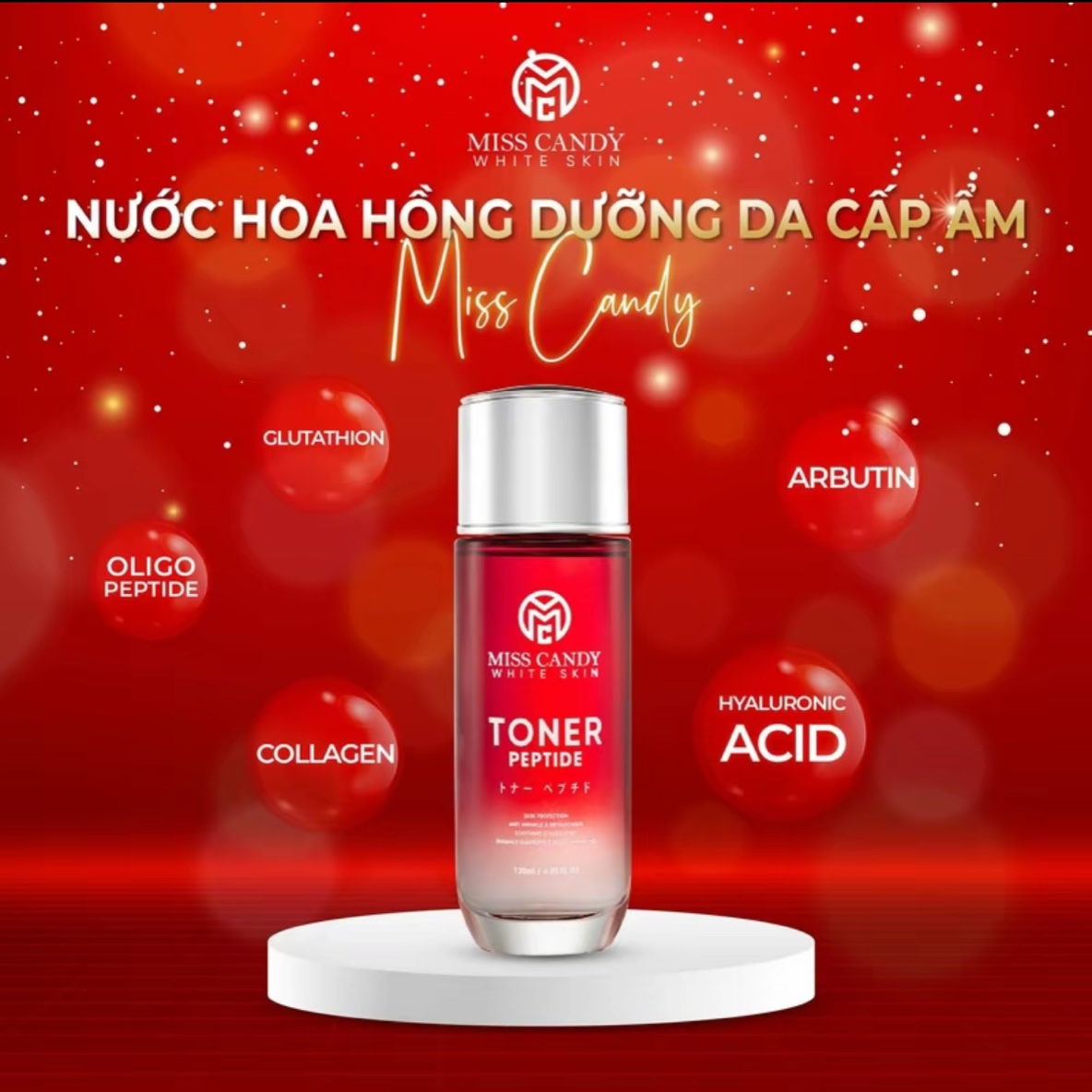 [MISS CANDY] Bộ 5 Sản Phẩm Trắng Da Mờ Thâm, Sạm, Nám, Tàn Nhang MISS CANDY Gồm: Serum HA Peptide 30ml + Kem Nám Sâm Nhung Hoàng Kim 25g + Kem Dưỡng Trắng Da Face Nano 30g + Kem Chống Nắng Dưỡng Trắng Da 50g + Nước Hoa Hồng Tái Sinh Làn Da 120ml