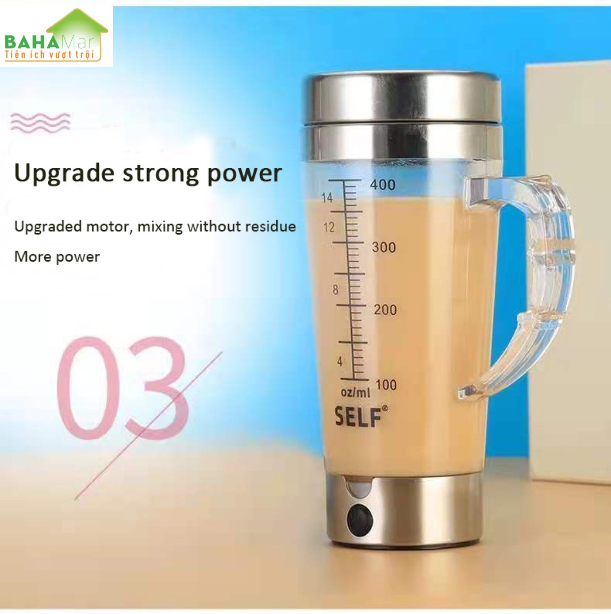 CỐC KHUẤY TỰ ĐỘNG PHA SỮA, CAFE, BỘT PROTEIN… THAY CỐC LẮC CỐC TRỘN "BAHAMAR" Sử dụng đơn giản, chỉ cần nhấn nút nguồn trên động cơ để trộn, thêm bột và chờ 30 giây.