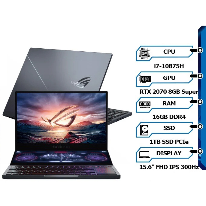 Laptop Asus ROG Zephyrus Duo 15 GX550LWS-HF102T (Core i7-10875H/ 16GB DDR4 3200MHz/ 1TB SSD PCIE G3X4/ RTX 2070 Super 8GB GDDR6 - Max-Q/ 15.6 FHD IPS, 300Hz G-Sync, 3ms/ Win10) - Hàng Chính Hãng