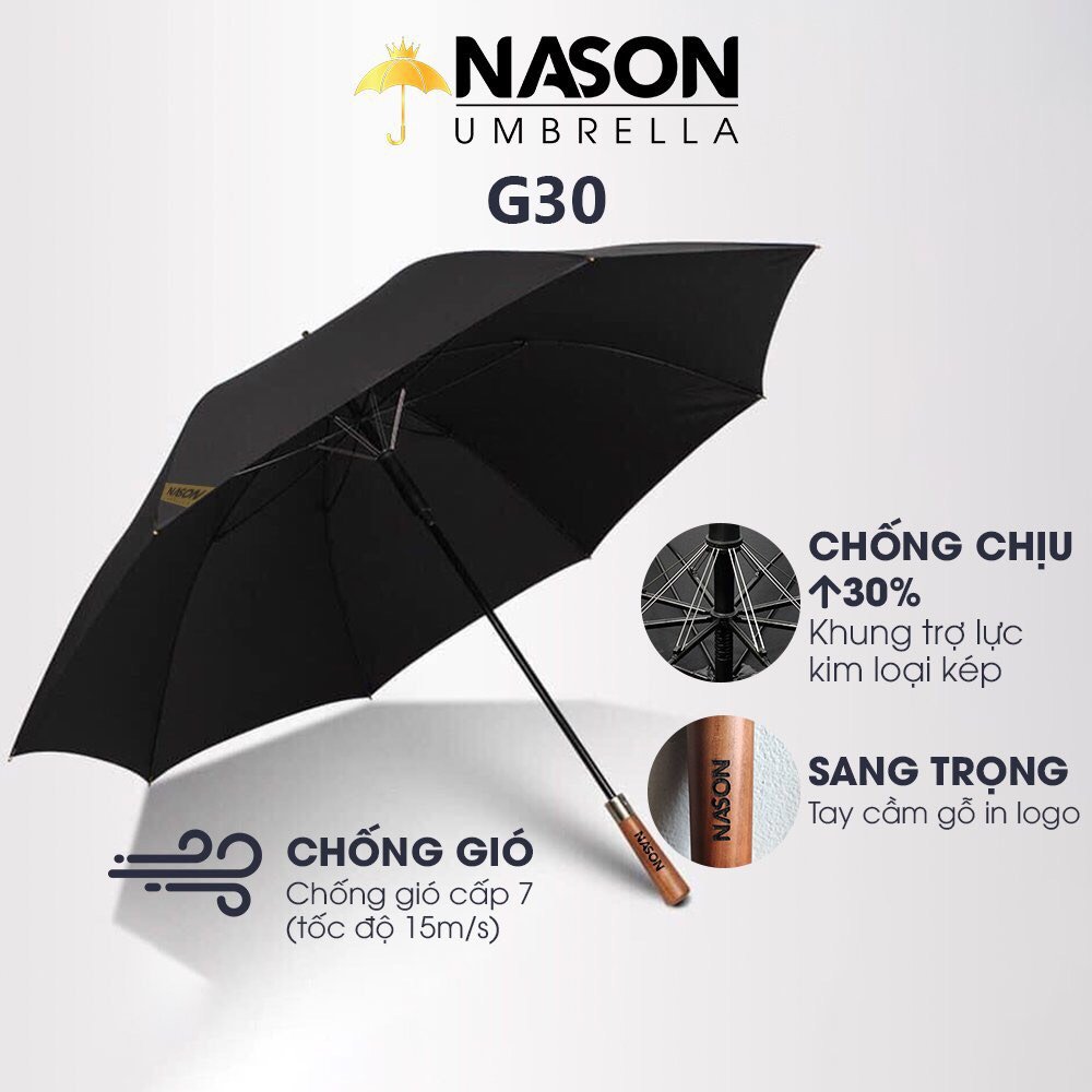 Ô dù cao cấp tán siêu to siêu rộng G30 NASON UMBRELLA Cán gỗ sang trọng khung trợ lực kép chống lật