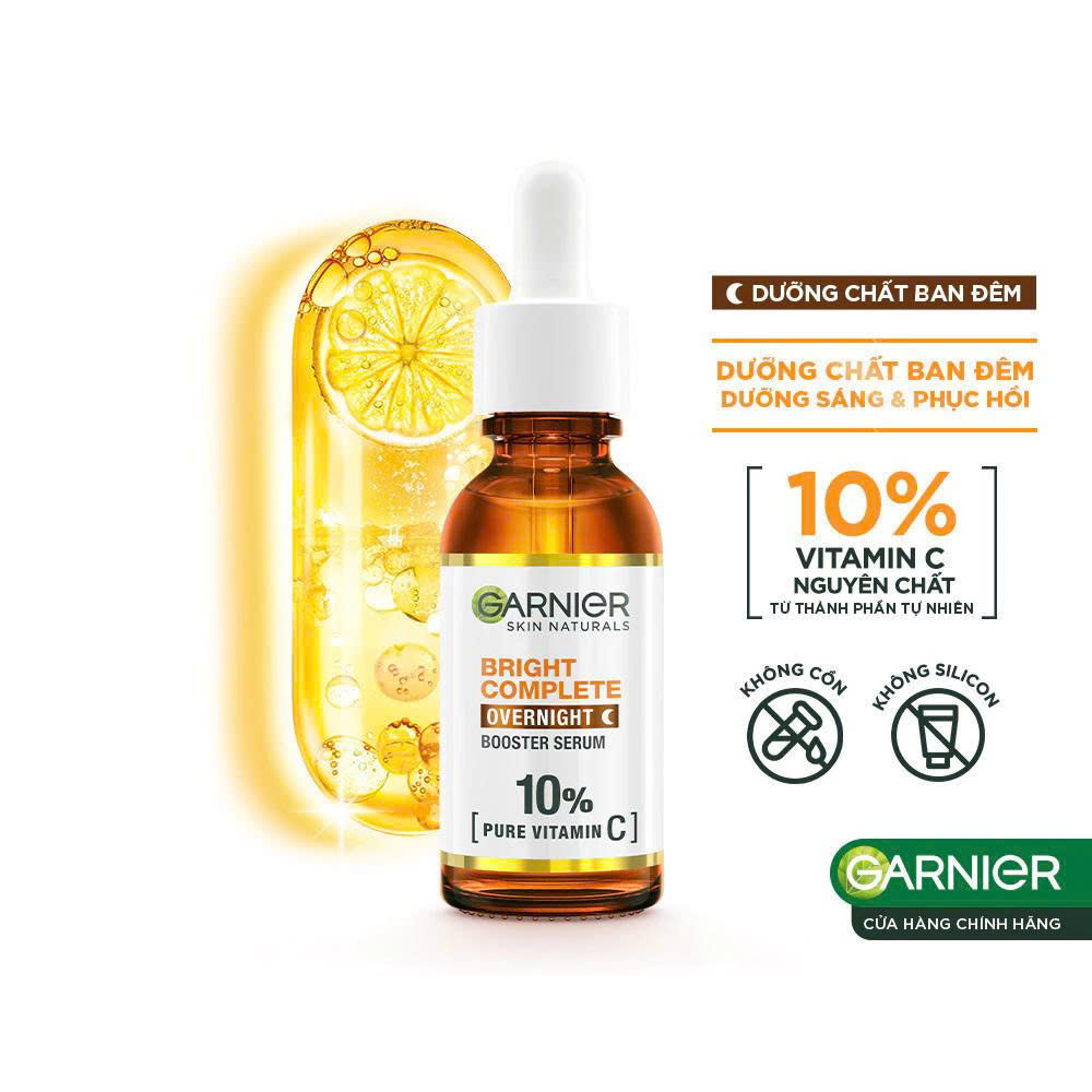 Dưỡng chất ban đêm dưỡng sáng &amp; phục hồi Garnier 10% Vitamin C Nguyên Chất Bright Complete Overnight Serum 30ml