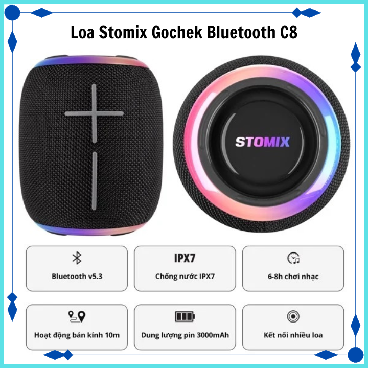 Loa Sothing Stomix Gochek Bluetooth C8, Chống nước IPX7, chuẩn nén âm thanh AAC, ghép nối 2 loa cùng lúc, Pin 3000mAh- Hàng chính hãng