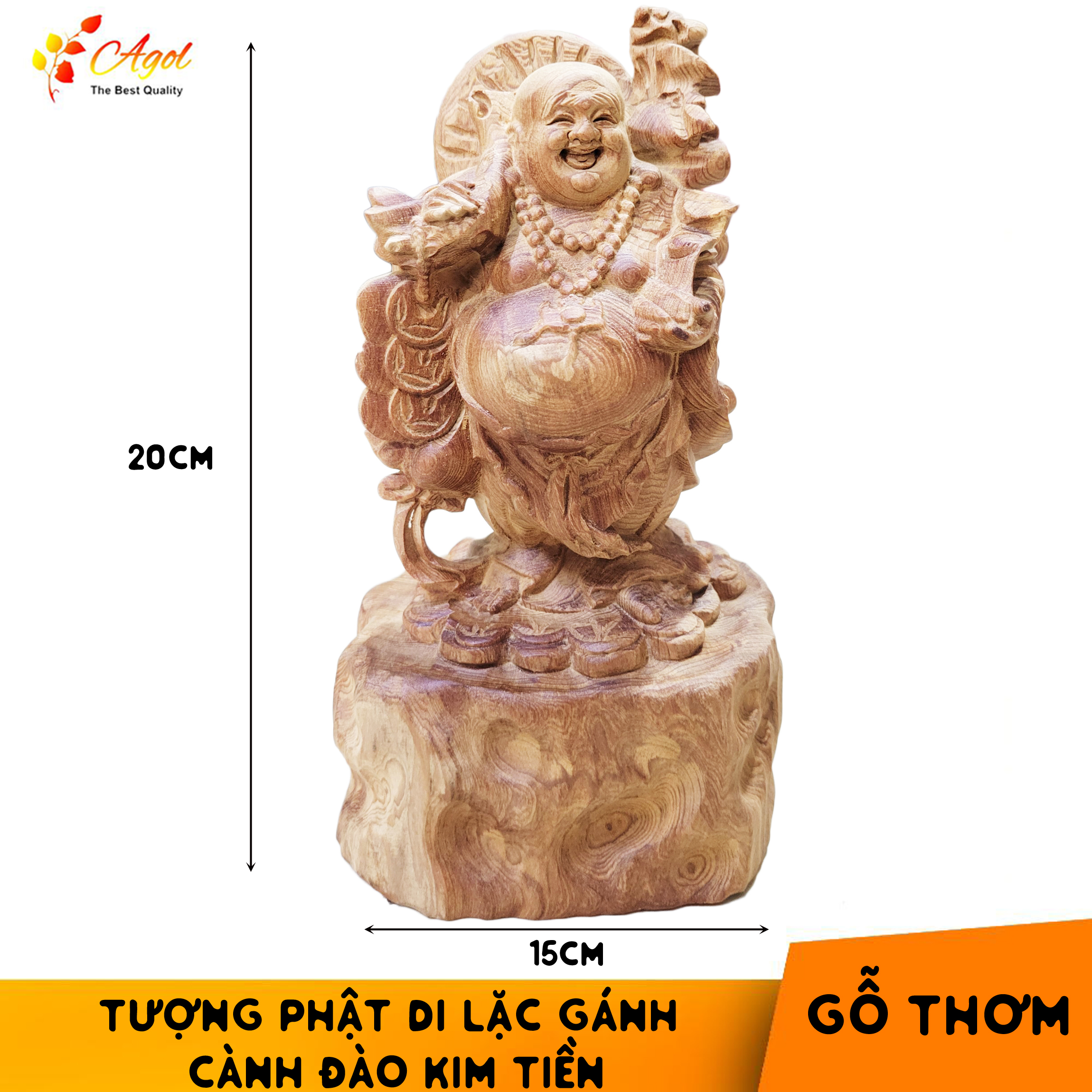 Tượng Phật Di Lặc Gánh Cành Đào Ngũ Lộc Kim Tiền Gỗ Thơm Bách Mộc Ngọc Am - Sản phẩm cao cấp cực thơm