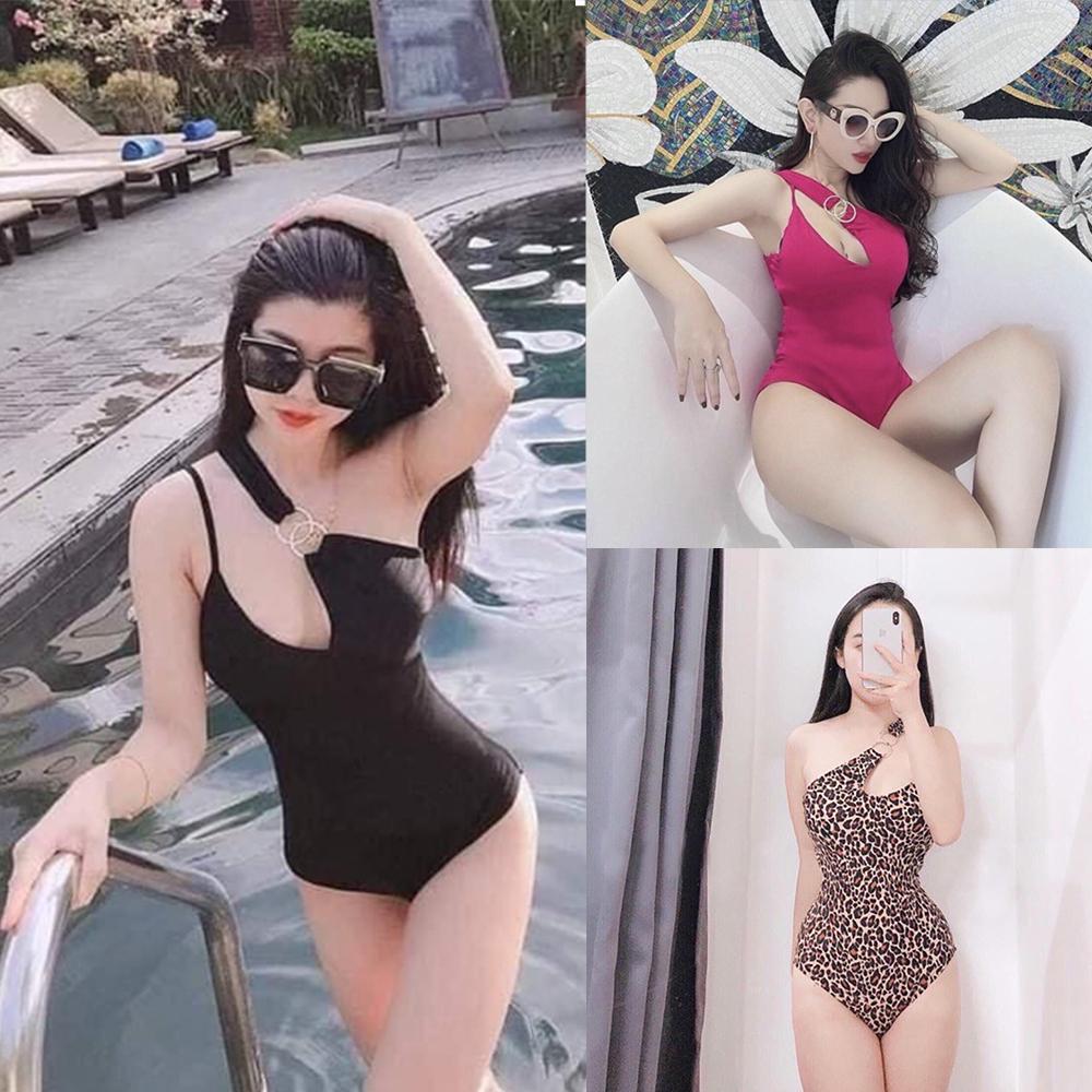 Bikini nữ 1 mảnh đính khuyên  lệch vai bộ bơi thun lạnh co dãn 4 chiều | LM006