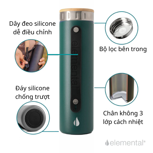 Bình giữ nhiệt Elemental Iconic màu xanh lá 590ml, giữ nhiệt vượt trội, inox 304, FDA Hoa Kì, An toàn sức khỏe, có lưới lọc