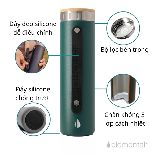 [Hàng chính hãng – Thương hiệu Mỹ] Bình giữ nhiệt Elemental Iconic màu xanh lá 590ml, giữ nhiệt vượt trội, inox 304, FDA Hoa Kì, An toàn sức khỏe, có lưới lọc