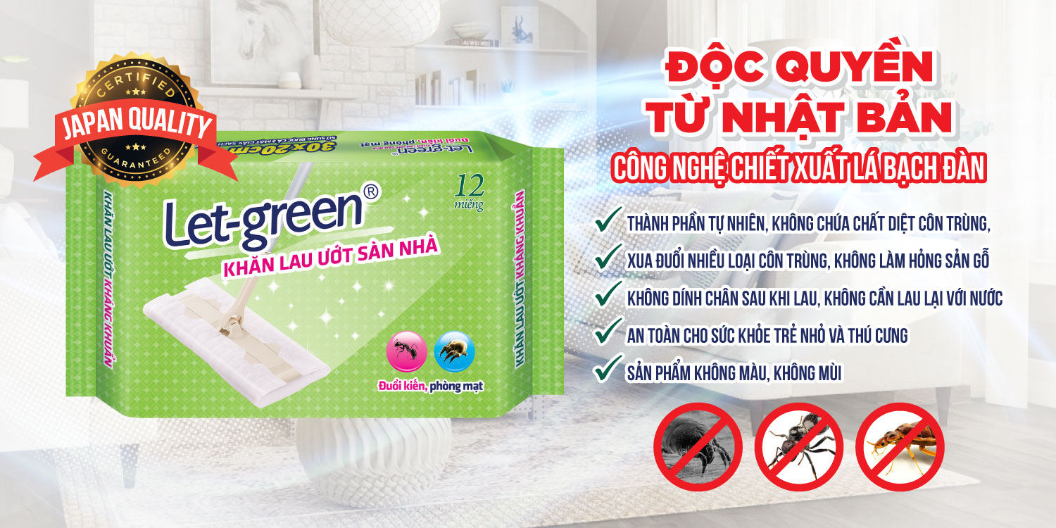 COMBO 10 BAO KHĂN ƯỚT LAU SÀN NHÀ ĐUỔI KIẾN PHÒNG MẠT KHÁNG KHUẨN LET-GREEN 12 MIẾNG