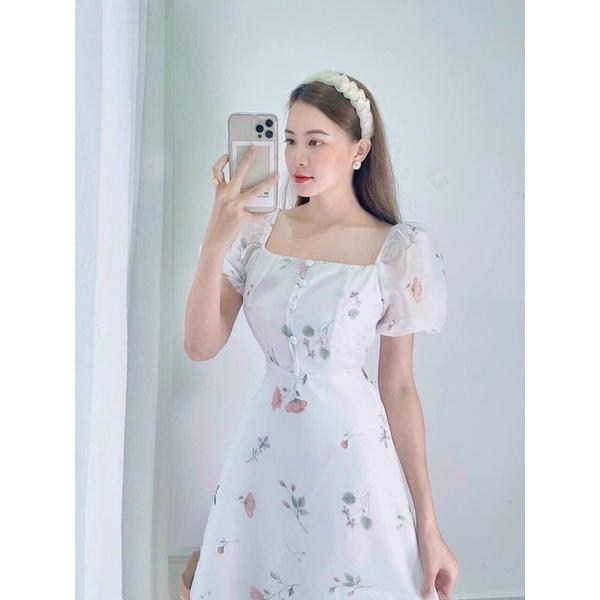 ĐẦM MIDI TRẮNG NÚT BỌC TAY BỒNG