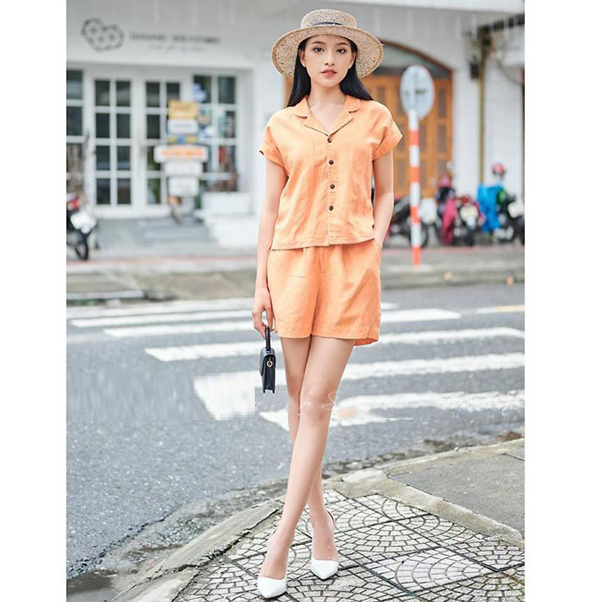 Set bộ linen cổ 2 ve kèm quần short trẻ trung