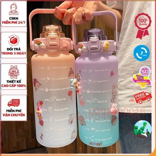 Bình nước 2 lít cute chia vạch nhắc nhở có vòi hút, dùng cho tập gym thể thao, tặng kèm Sticker