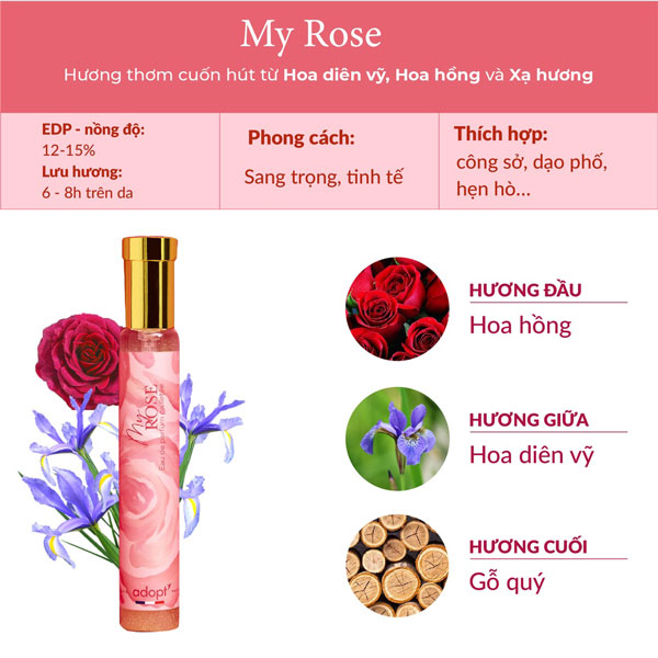 Nước Hoa  Nữ Adopt' My Rose 30ML Thiết Kế Nhỏ Gọn, Dễ Dàng Sử Dụng Giúp Bạn Luôn Tự Tin, Quyến Rũ Tặng Kèm Băng Đô Thời Trang