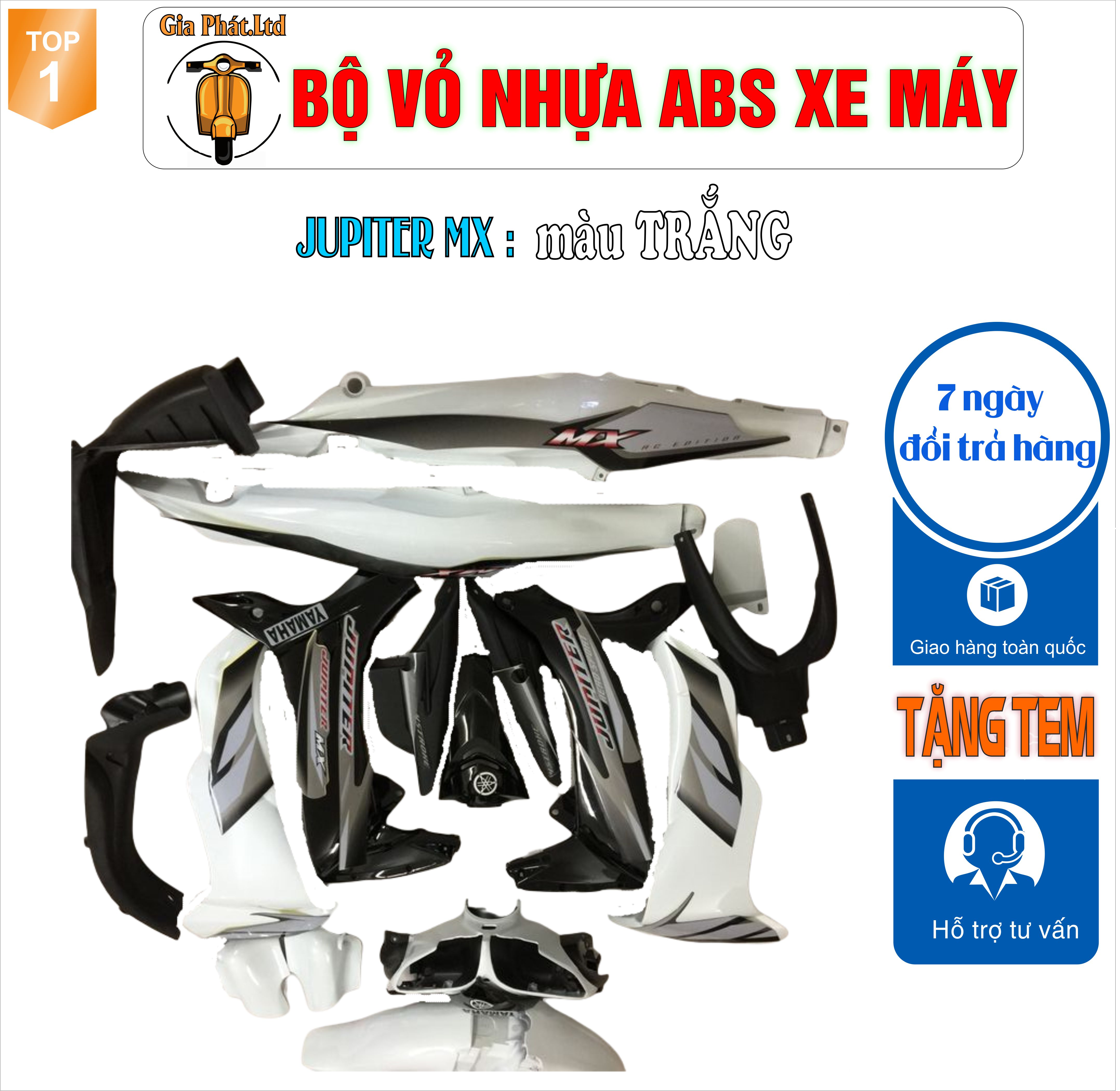 [ Tặng tem] Bộ dàn áo xe màu TRẮNG gắn Jupiter MX, nhựa ABS nguyên sinh cao cấp