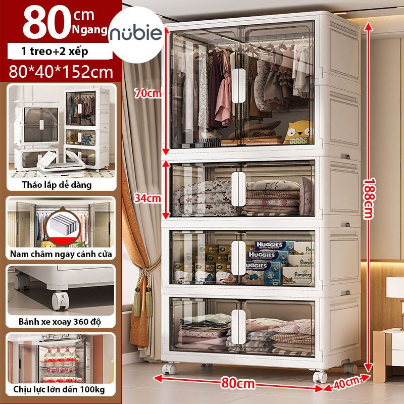 Tủ Nhựa Gấp Gọn Nubie Ngang 60/70/80cm Có Ngăn Treo Quần Áo, Đựng Đồ Dùng Size Lớn, Bánh Xe Xoay