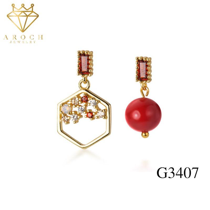 Khuyên tai bạc Ý s925 phong cách nữ bất đối thả đá đỏ G3407 - AROCH Jewelry