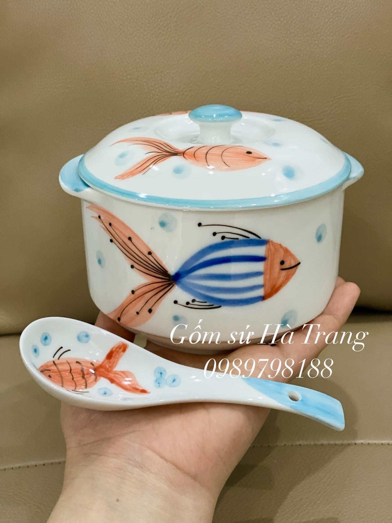 Thố chưng yến dung tích 600ml gốm sứ Bát Tràng cao cấp vẽ hoạ tiết cá kèm thìa