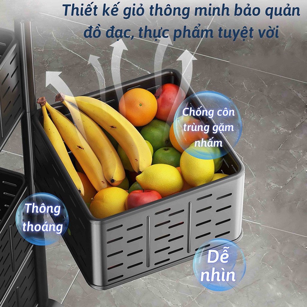 Kệ đựng đồ đa năng xoay 360 độ nhiều tầng - Kệ nhà bếp đa năng - Kệ đựng đồ nhà tắm 5 tầng có bánh xe giỏ đựng đồ