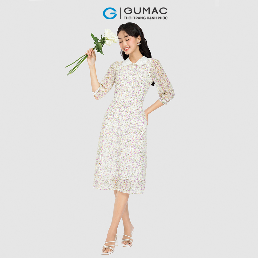 Đầm form A GUMAC LD0831 họa tiết phối cổ