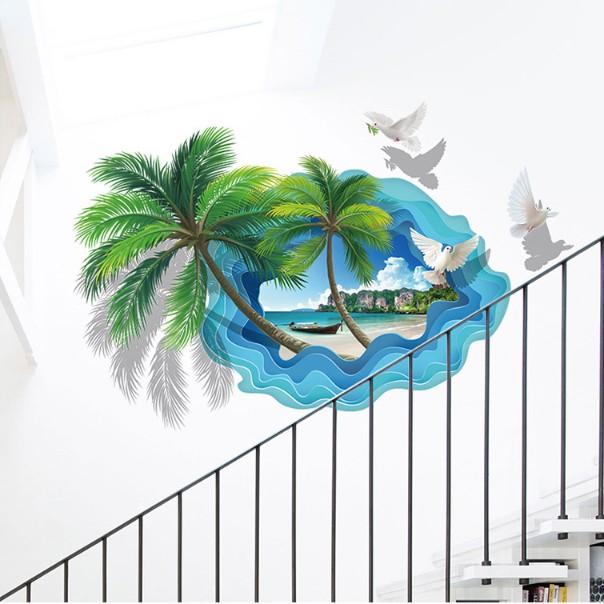 Decal trang trí tường 3D cảnh Cây dừa lớn cùng Biển