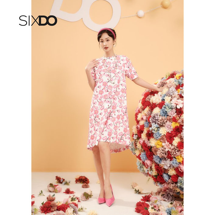 Đầm suông midi hoa đào thời trang SIXDP