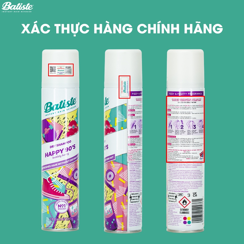 Dầu Gội Khô Batiste Hương Dâu Tây - Batiste Dry Shampoo Happy 90's Bubbly Berry 200ml