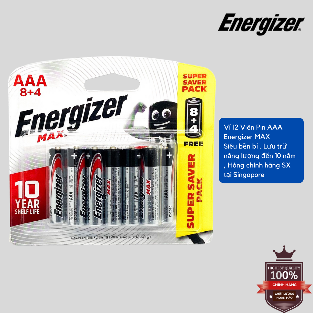 Pin Max 8 + 4 Viên Energizer E92 BP8+4 AAA