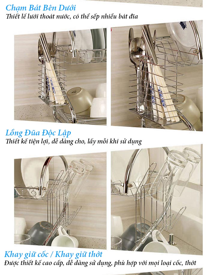 Kệ Úp Chén Inox Đa Năng 2 Tầng Hình Chữ S
