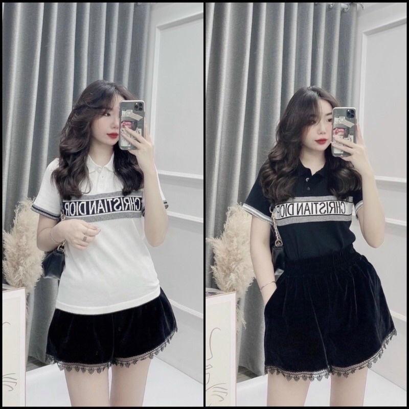 Áo len nữ dệt kim cổ bẻ cộc tay viền chữ ngực hàng QC