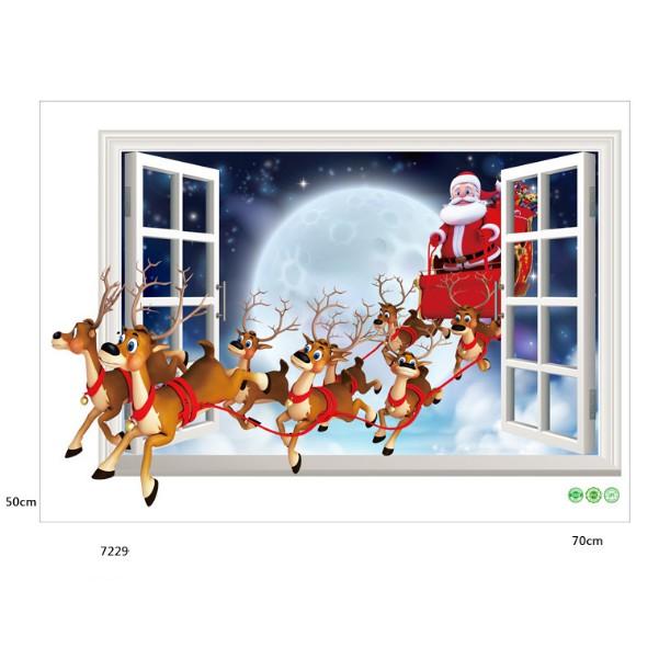 Decal trang trí Noel - Cửa Sổ Tuần Lộc chở Ông già Noel đi phát quà