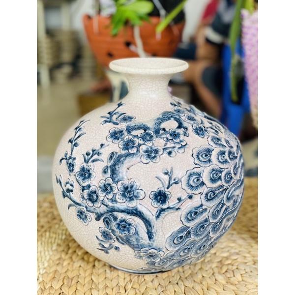 Bình hút lộc men rạn giả cổ, họa tiết đắp nổi thủ công